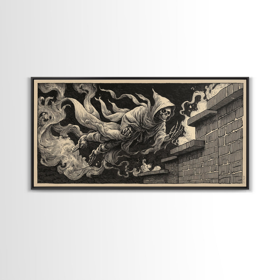 The Chimney Phantom, Macabre Folk Print Art, Wide Panoramic Art, Macabre Wall Art, Framed Canvas Print, Halloween Wall Art
