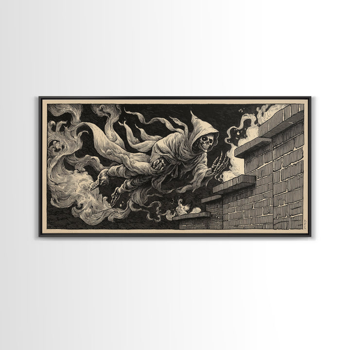 The Chimney Phantom, Macabre Folk Print Art, Wide Panoramic Art, Macabre Wall Art, Framed Canvas Print, Halloween Wall Art