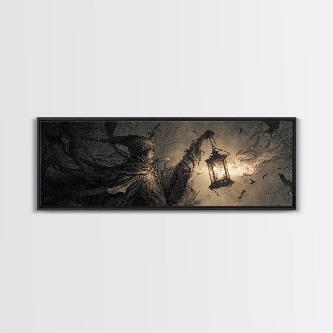 The Lantern Specter, Medieval Grotesque Art, Extra Wide Wall Art, Macabre Wall Art, Framed Canvas Print, Halloween Wall Art