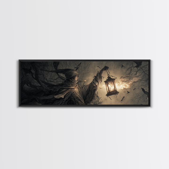 The Lantern Specter, Medieval Grotesque Art, Extra Wide Wall Art, Macabre Wall Art, Framed Canvas Print, Halloween Wall Art