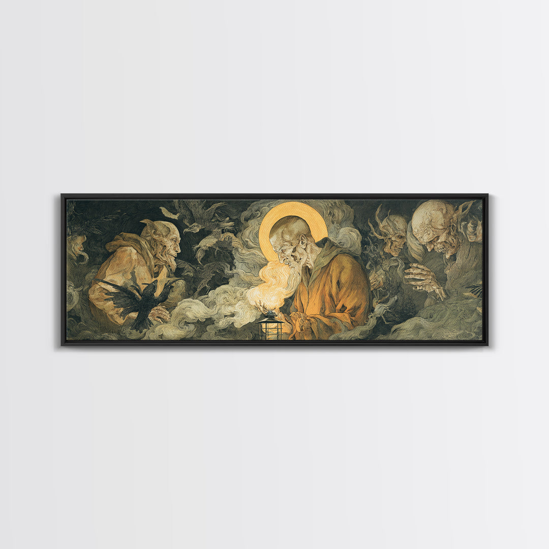 The Lantern Specter, Dark Renaissance Art, Extra Wide Wall Art, Dark Halloween Decor, Framed Canvas Print, Halloween Wall Art