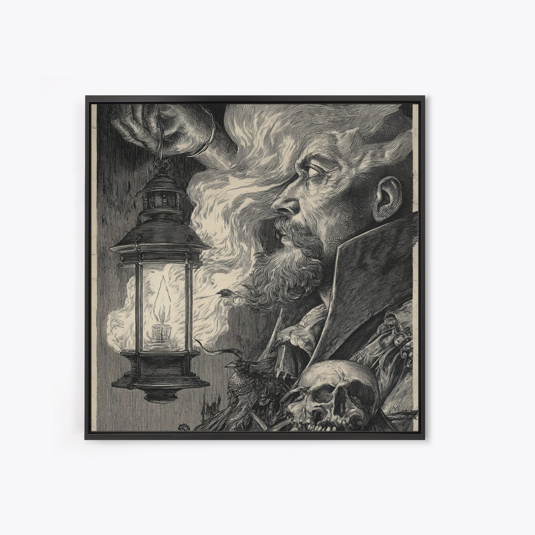 The Lantern Specter, Renaissance Engraving Art, Square Wall Art, Macabre Wall Art, Canvas Print, Halloween Wall Art, Horror Wall Art