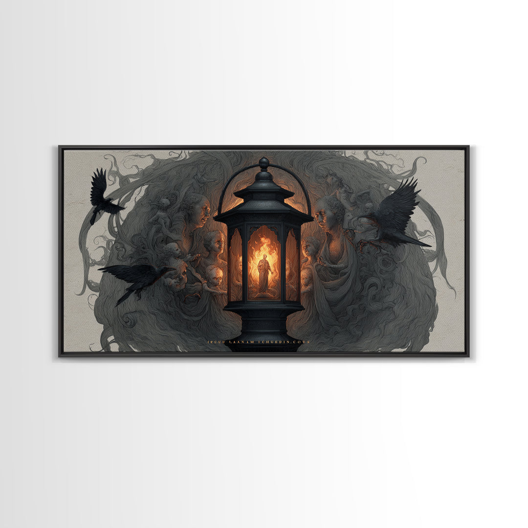 The Lantern Specter, Visionary Gothic Art, Wide Panoramic Art, Dark Fantasy Wall Art, Framed Canvas Print, Halloween Wall Art