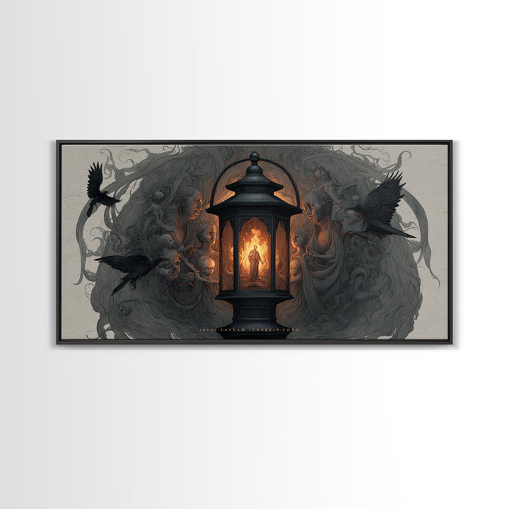 The Lantern Specter, Visionary Gothic Art, Wide Panoramic Art, Dark Fantasy Wall Art, Framed Canvas Print, Halloween Wall Art