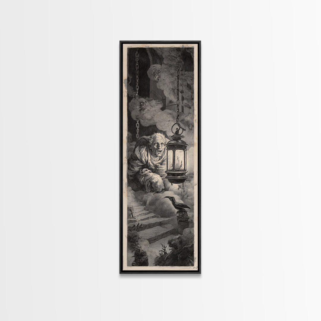The Lantern Specter, Architectural Etching Art, Tall Narrow Wall Art, Dark Fantasy Wall Art, Canvas Print, Halloween Wall Art