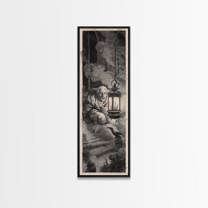 The Lantern Specter, Architectural Etching Art, Tall Narrow Wall Art, Dark Fantasy Wall Art, Canvas Print, Halloween Wall Art
