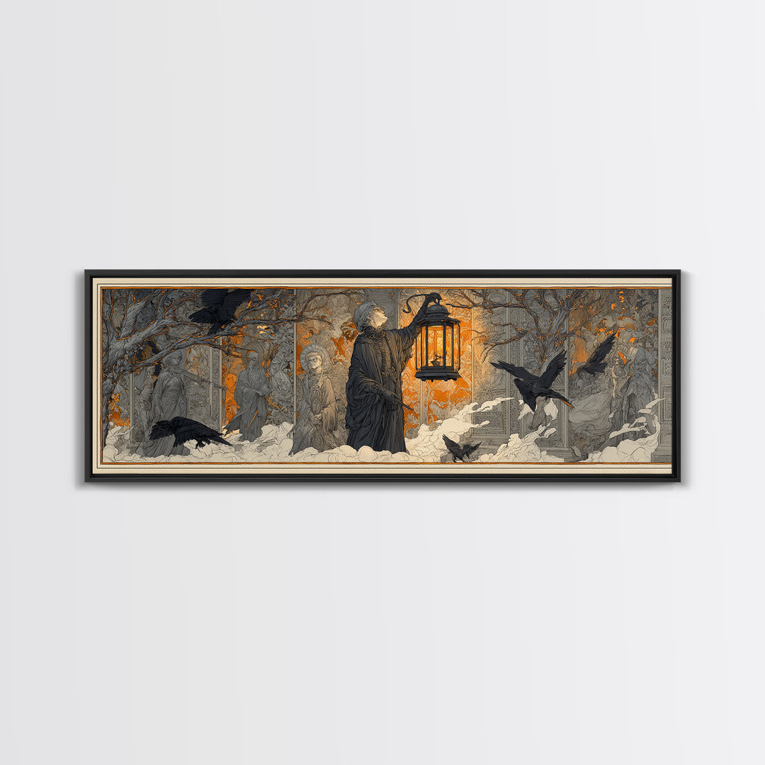The Lantern Specter, Symbolist Death Art, Extra Wide Wall Art, Macabre Wall Art, Canvas Print, Halloween Wall Art, Spooky Wall Decor