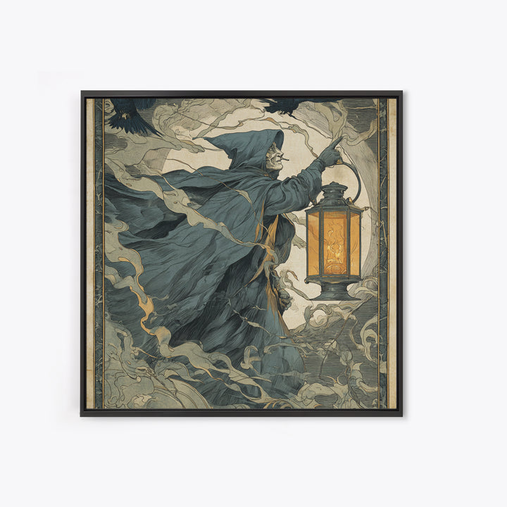 The Lantern Specter, Symbolist Etching Art, Square Wall Art, Dark Fantasy Wall Art, Canvas Print, Halloween Wall Art, Seasonal Home Decor