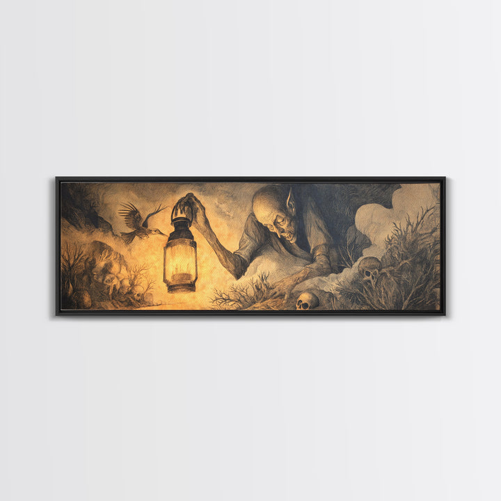 The Lantern Specter, Expressionist Nightmare Art, Extra Wide Wall Art, Macabre Wall Art, Framed Canvas Print, Halloween Wall Art