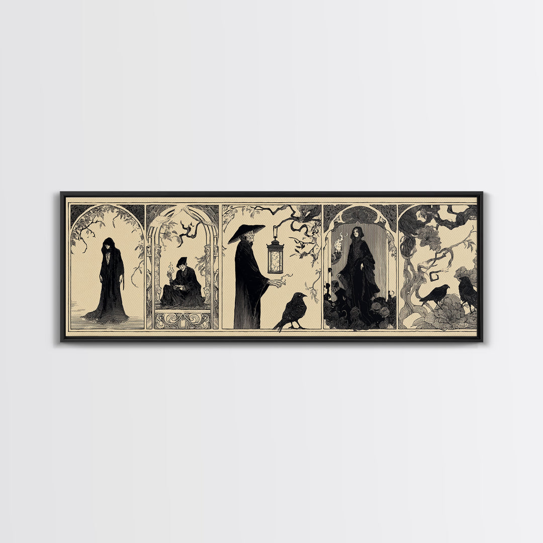 The Lantern Specter, Decadent Line Art, Extra Wide Wall Art, Macabre Wall Art, Framed Canvas Print, Halloween Wall Art