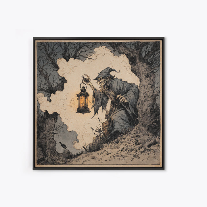 The Lantern Specter, Gothic Storybook Art, Square Wall Art, Macabre Wall Art, Framed Canvas Print, Halloween Wall Art