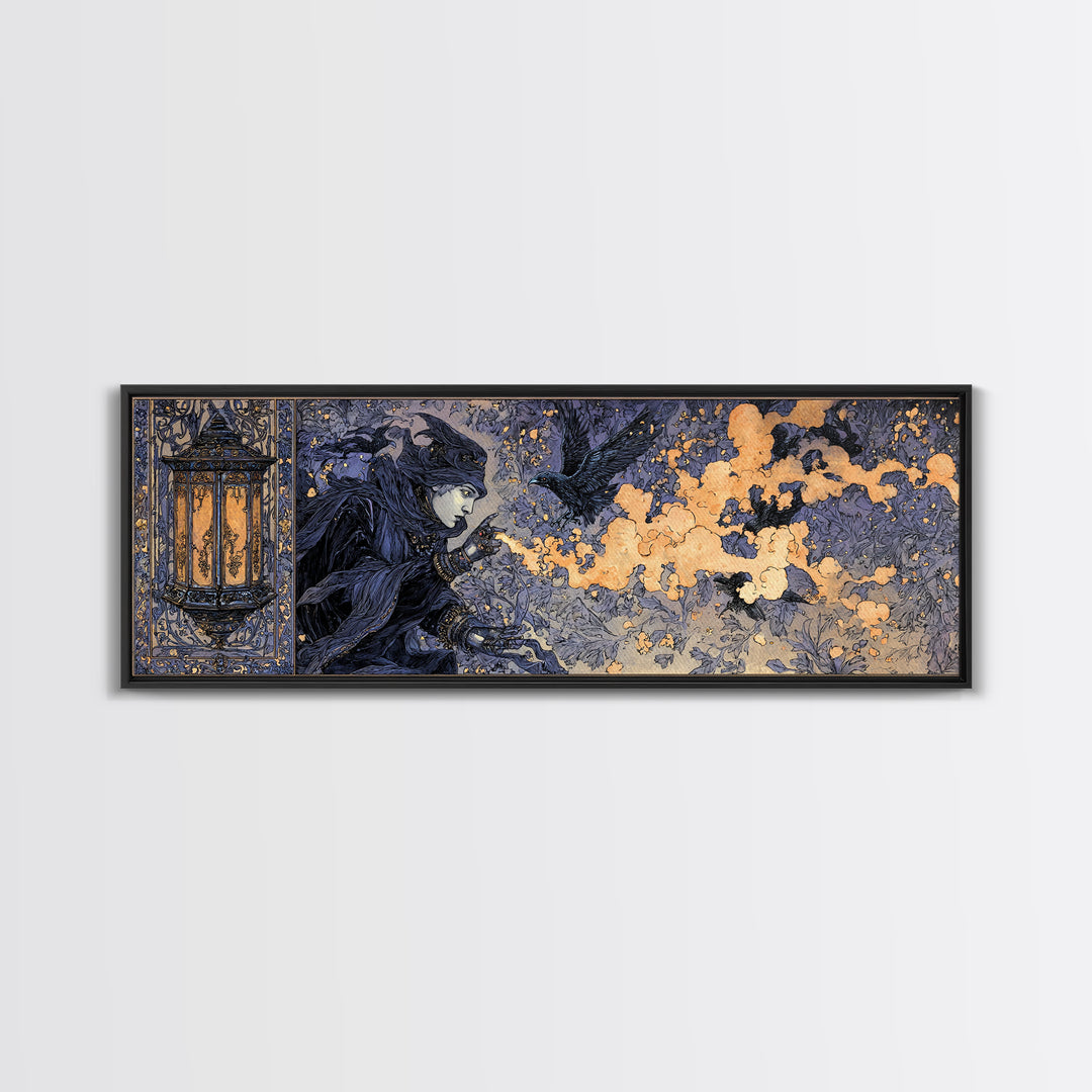The Lantern Specter, Stained Glass Gothic Art, Extra Wide Wall Art, Dark Halloween Decor, Canvas Print, Halloween Wall Art