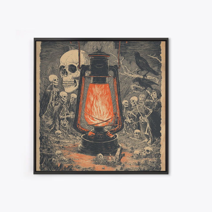 The Lantern Specter, Macabre Folk Print Art, Square Wall Art, Dark Fantasy Wall Art, Framed Canvas Print, Halloween Wall Art