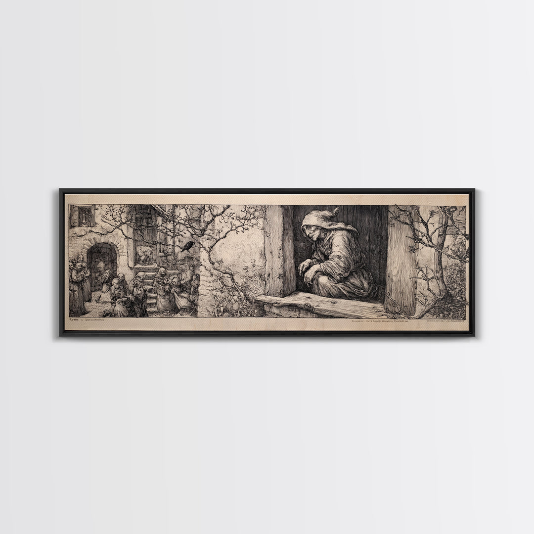 The Red-Eyed Night Hag, Renaissance Engraving Art, Extra Wide Wall Art, Gothic Horror Wall Art, Canvas Print, Halloween Wall Art
