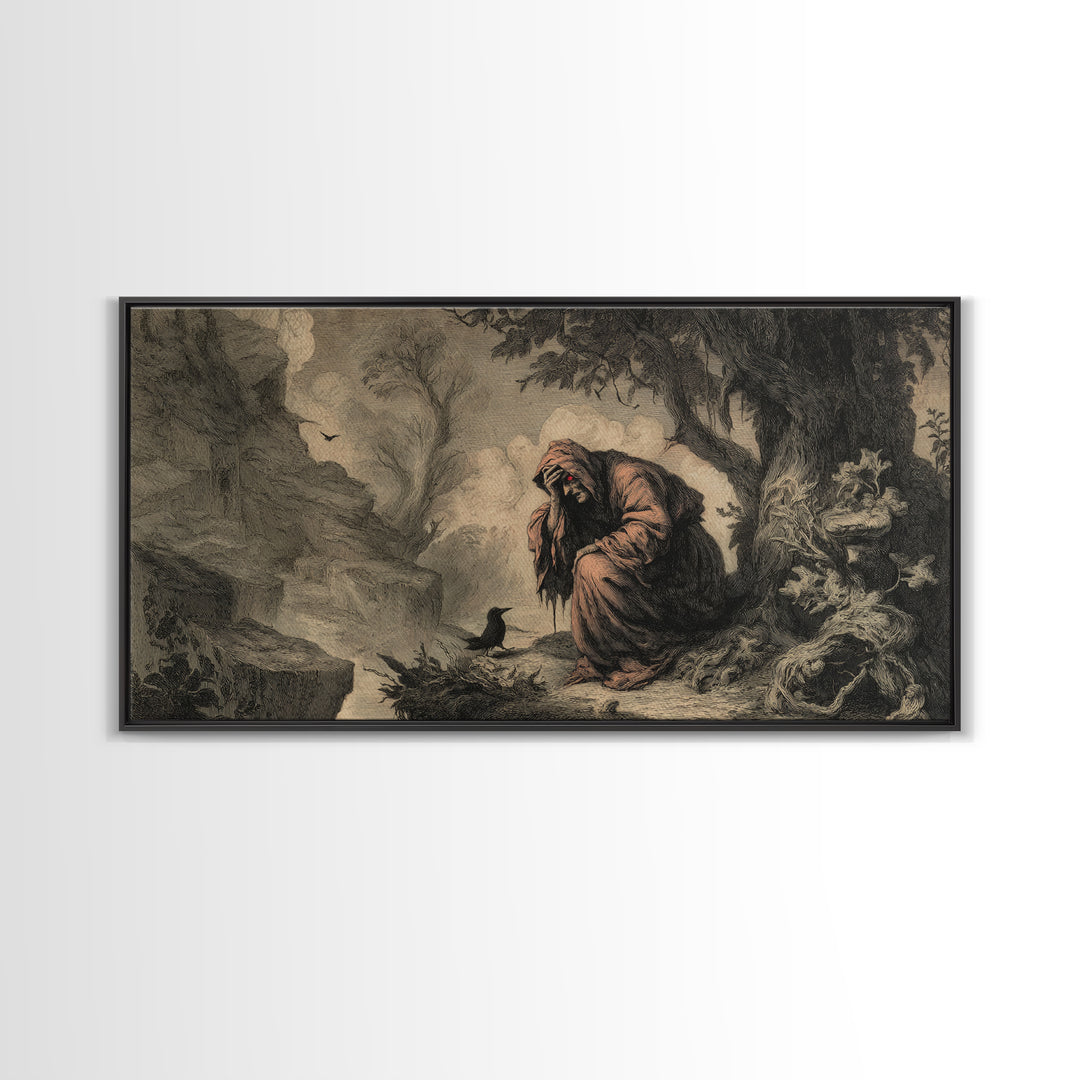 The Red-Eyed Night Hag, Baroque Witchcraft Art, Wide Panoramic Art, Gothic Horror Wall Art, Framed Canvas Print, Halloween Wall Art