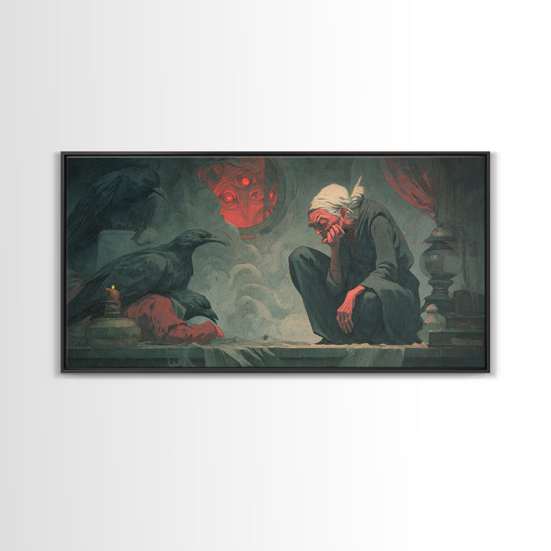 The Red-Eyed Night Hag, Gothic Nightmare Art, Wide Panoramic Art, Dark Fantasy Wall Art, Canvas Print, Halloween Wall Art