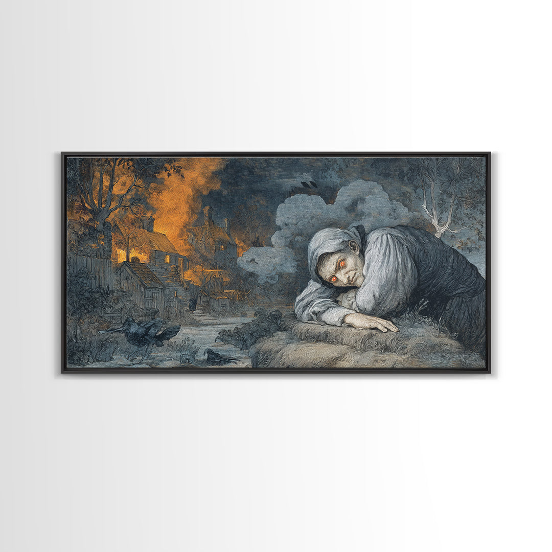 The Red-Eyed Night Hag, Visionary Gothic Art, Wide Panoramic Art, Gothic Horror Wall Art, Framed Canvas Print, Halloween Wall Art