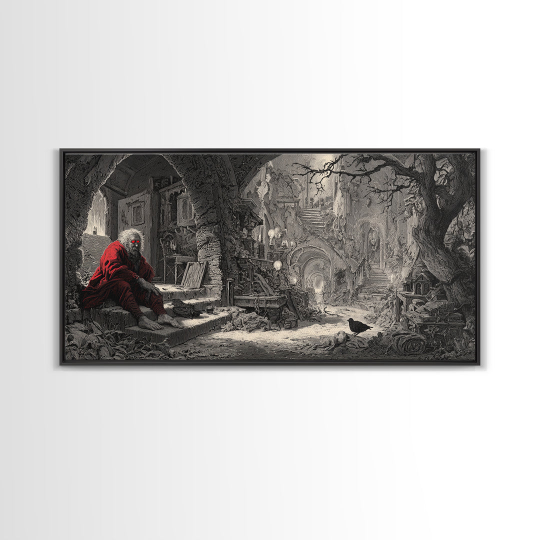 The Red-Eyed Night Hag, Architectural Etching Art, Wide Panoramic Art, Macabre Wall Art, Canvas Print, Halloween Wall Art