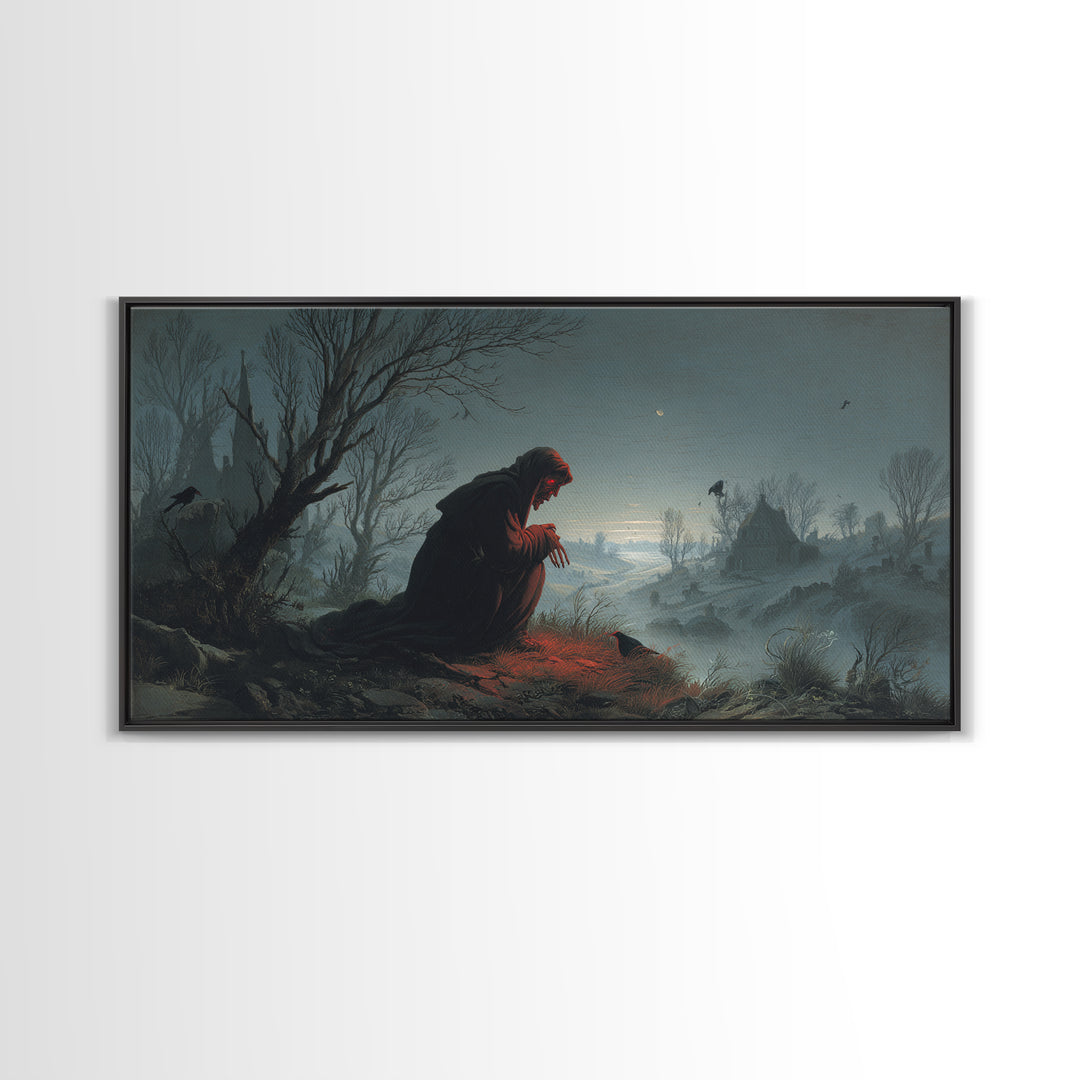 The Red-Eyed Night Hag, Romantic Gothic Landscape, Wide Panoramic Art, Dark Halloween Decor, Canvas Print, Halloween Wall Art