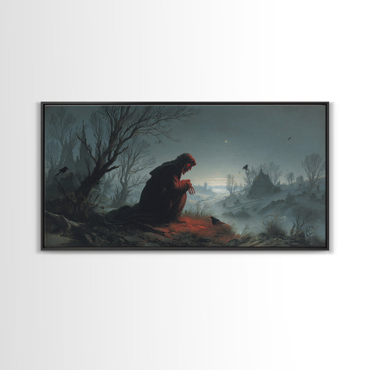 The Red-Eyed Night Hag, Romantic Gothic Landscape, Wide Panoramic Art, Dark Halloween Decor, Canvas Print, Halloween Wall Art