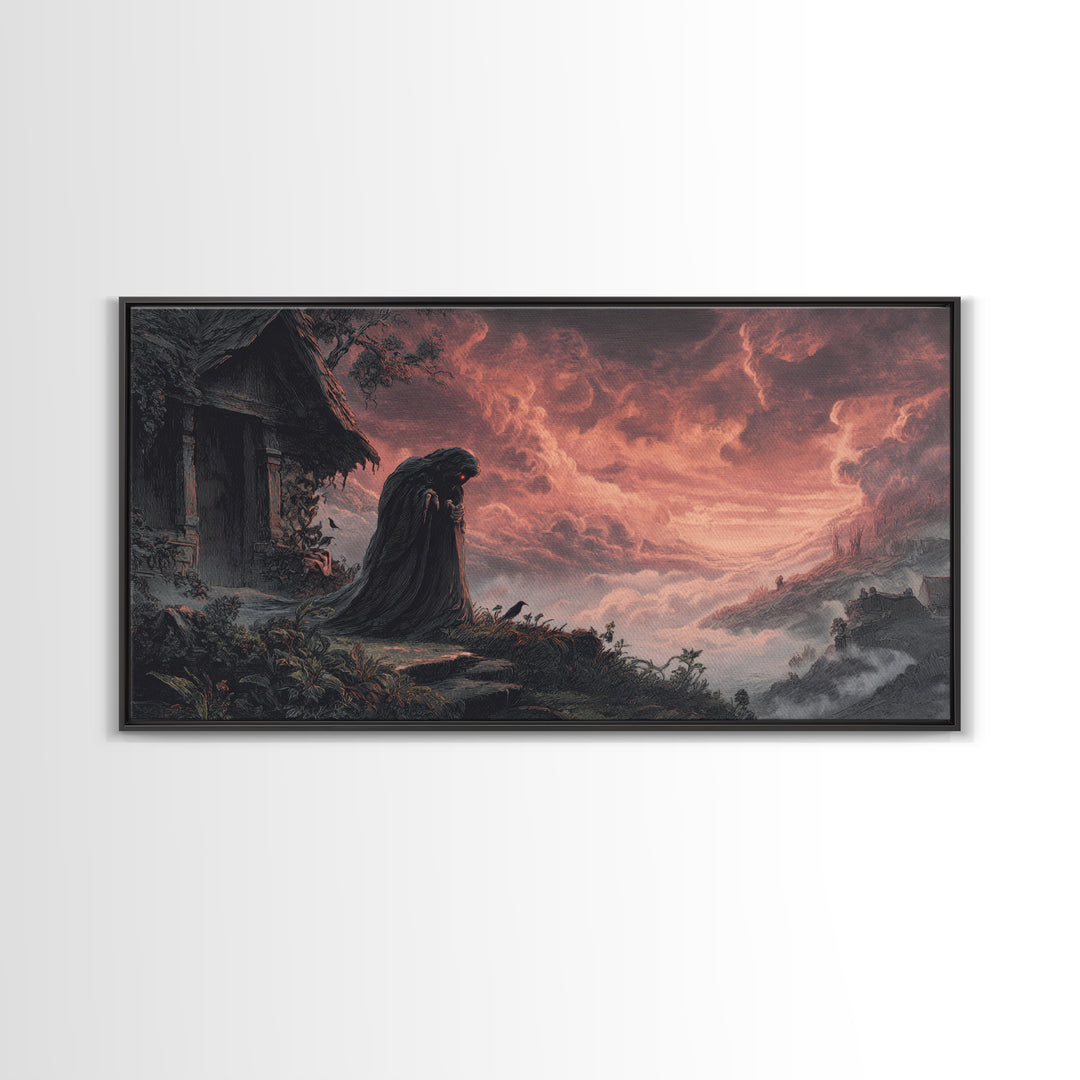 The Red-Eyed Night Hag, Apocalyptic Romantic Art, Wide Panoramic Art, Dark Halloween Decor, Canvas Print, Halloween Wall Art