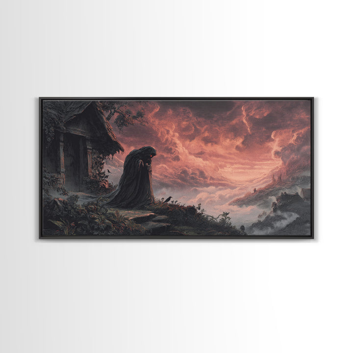 The Red-Eyed Night Hag, Apocalyptic Romantic Art, Wide Panoramic Art, Dark Halloween Decor, Canvas Print, Halloween Wall Art