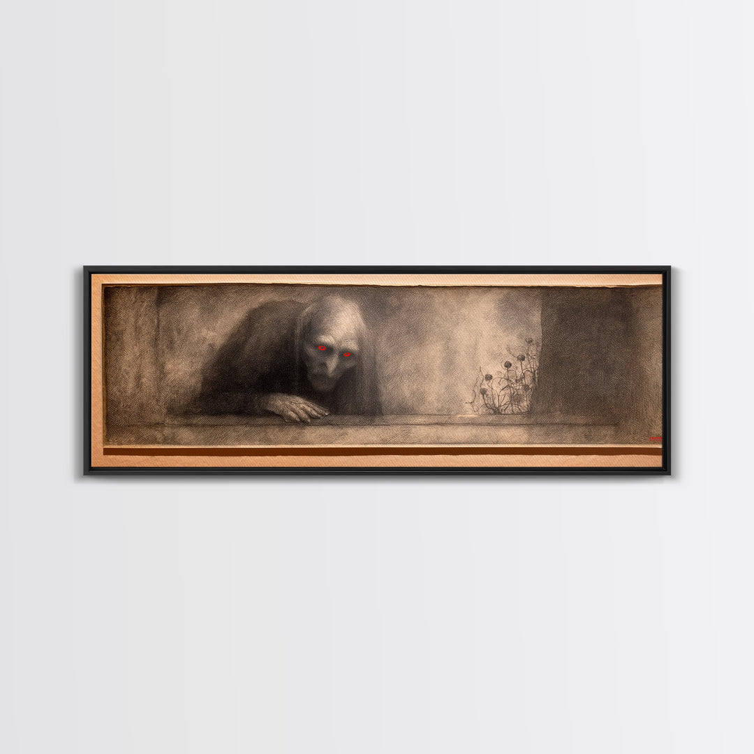 The Red-Eyed Night Hag, Symbolist Dream Art, Extra Wide Wall Art, Dark Halloween Decor, Framed Canvas Print, Halloween Wall Art