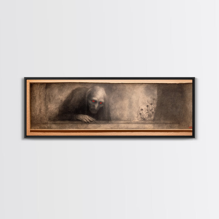 The Red-Eyed Night Hag, Symbolist Dream Art, Extra Wide Wall Art, Dark Halloween Decor, Framed Canvas Print, Halloween Wall Art