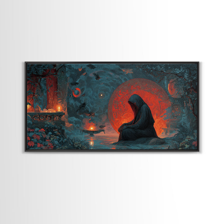 The Red-Eyed Night Hag, Symbolist Gothic Landscape, Wide Panoramic Art, Dark Halloween Decor, Canvas Print, Halloween Wall Art