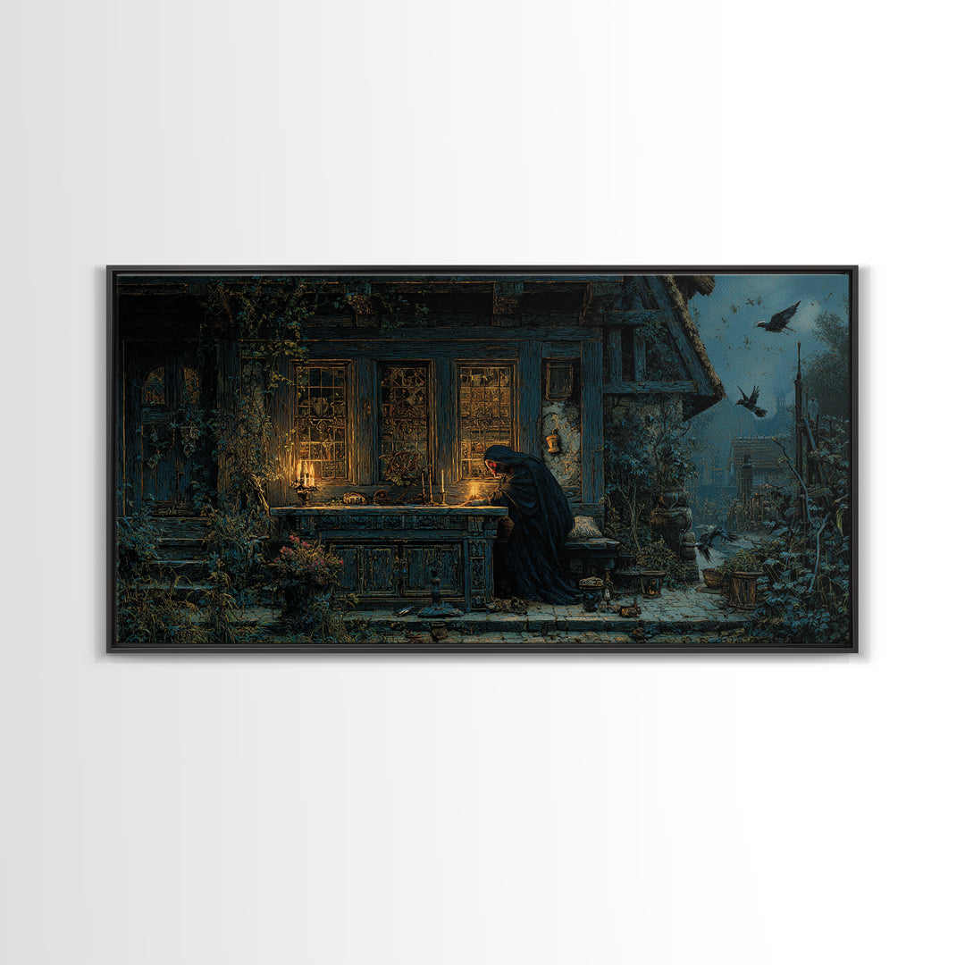 The Red-Eyed Night Hag, Ornate Symbolist Art, Wide Panoramic Art, Gothic Horror Wall Art, Canvas Print, Halloween Wall Art