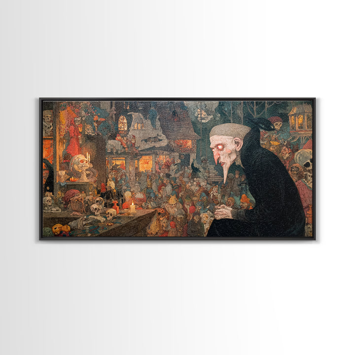 The Red-Eyed Night Hag, Grotesque Carnival Art, Wide Panoramic Art, Gothic Horror Wall Art, Framed Canvas Print, Halloween Wall Art