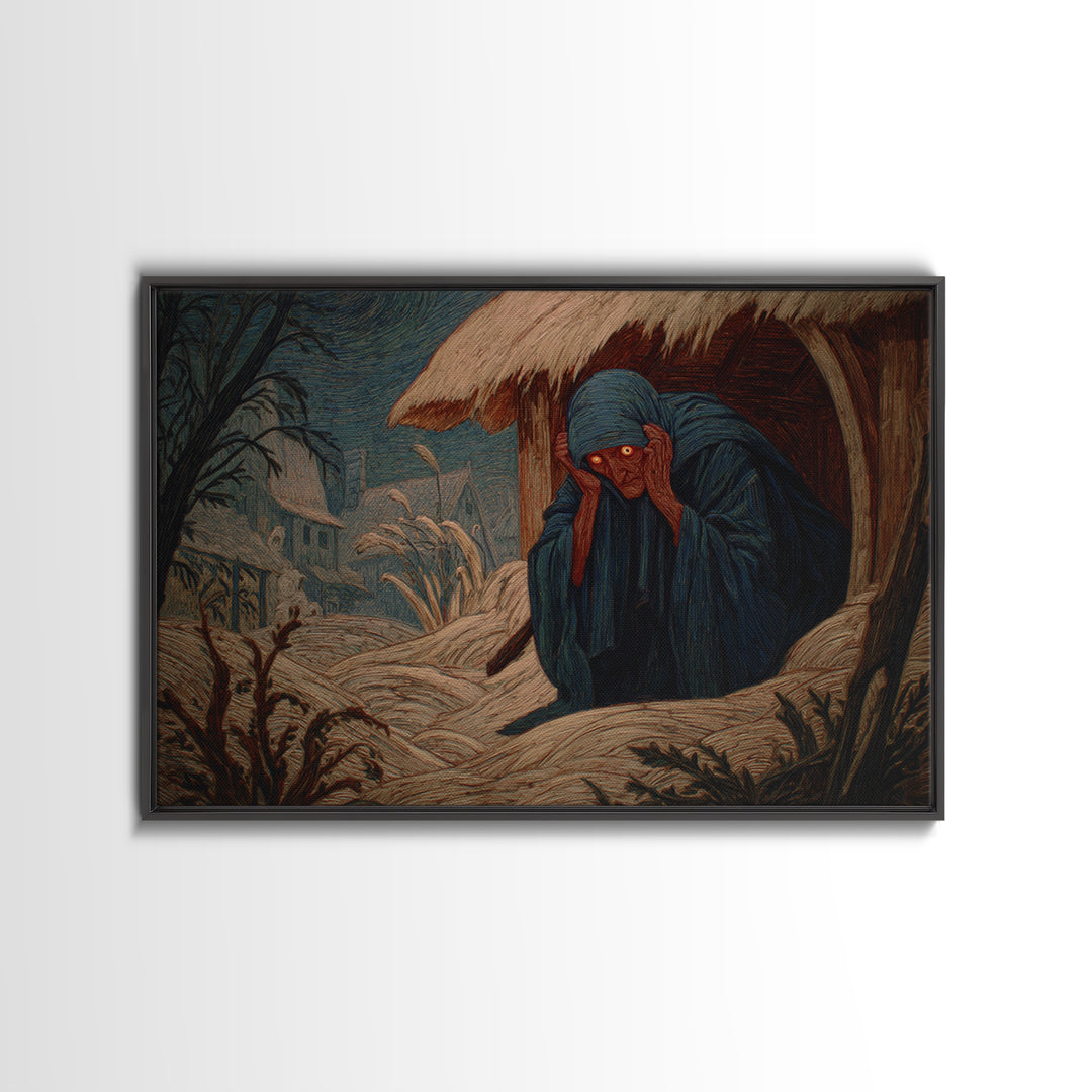The Red-Eyed Night Hag, Expressionist Gothic Art, Landscape Wall Art, Macabre Wall Art, Framed Canvas Print, Halloween Wall Art