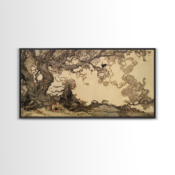 The Red-Eyed Night Hag, Gothic Storybook Art, Wide Panoramic Art, Macabre Wall Art, Canvas Print, Halloween Wall Art