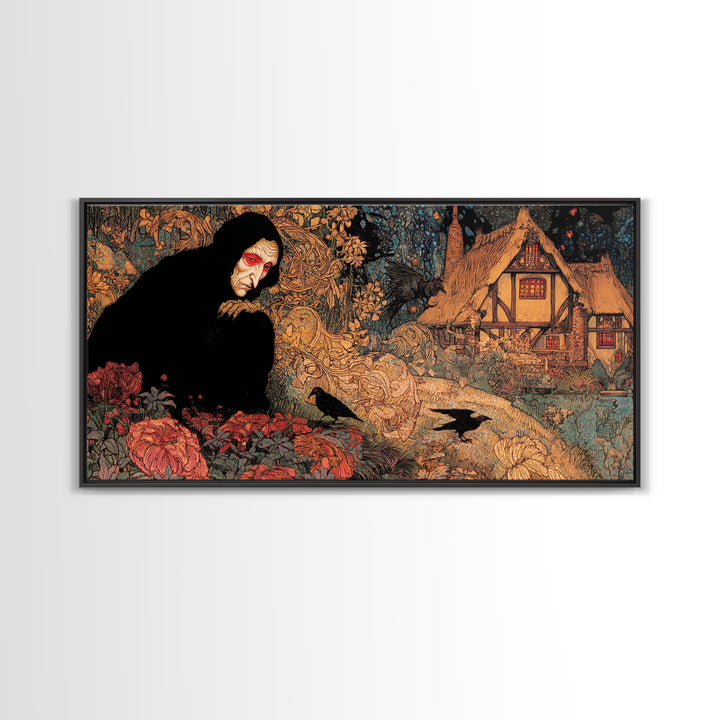 The Red-Eyed Night Hag, Stained Glass Gothic Art, Wide Panoramic Art, Dark Fantasy Wall Art, Canvas Print, Halloween Wall Art