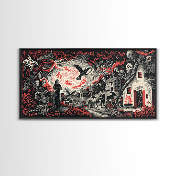 The Red-Eyed Night Hag, Macabre Folk Print Art, Wide Panoramic Art, Gothic Horror Wall Art, Canvas Print, Halloween Wall Art