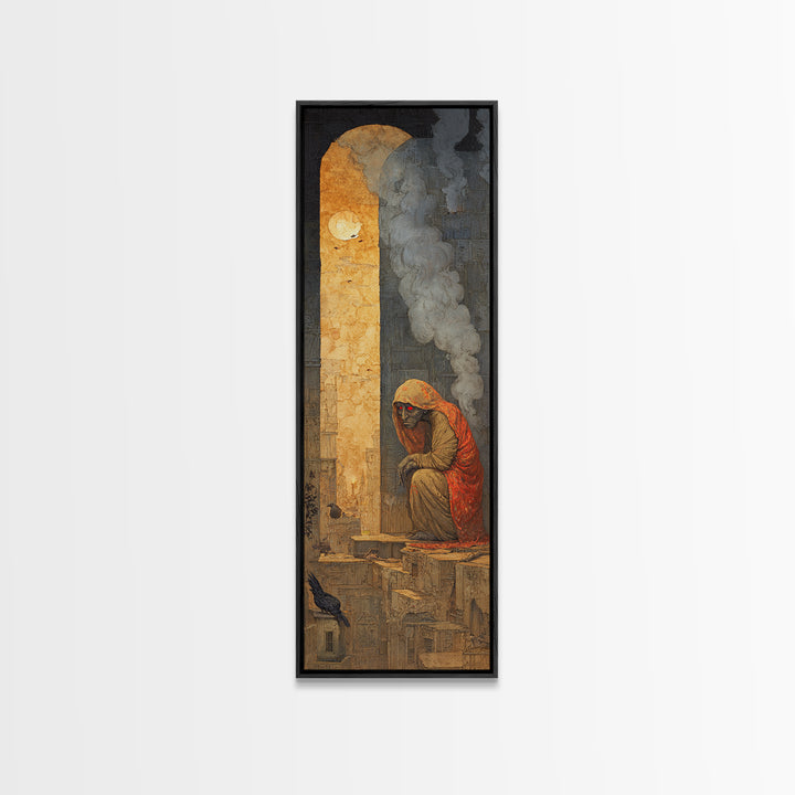 The Red-Eyed Night Hag, Surreal Apocalyptic Art, Tall Narrow Wall Art, Macabre Wall Art, Framed Canvas Print, Halloween Wall Art