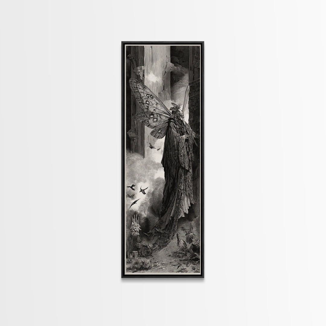 The Velvet Moth Witch, Gothic Engraving Art, Tall Narrow Wall Art, Gothic Horror Wall Art, Canvas Print, Halloween Wall Art