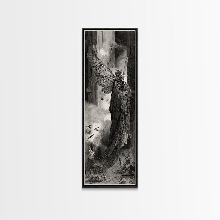 The Velvet Moth Witch, Gothic Engraving Art, Tall Narrow Wall Art, Gothic Horror Wall Art, Canvas Print, Halloween Wall Art