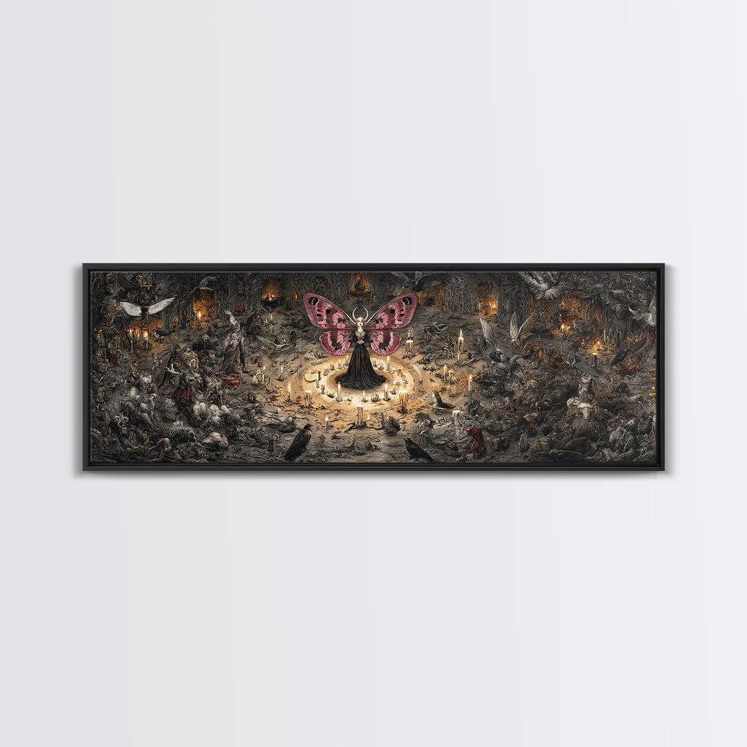 The Velvet Moth Witch, Medieval Grotesque Art, Extra Wide Wall Art, Dark Halloween Decor, Canvas Print, Halloween Wall Art