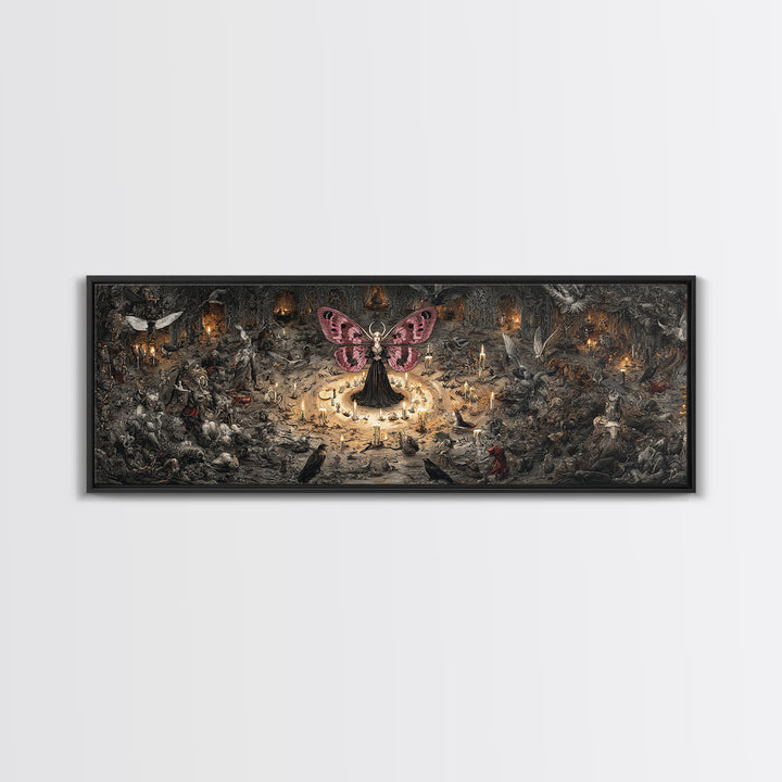 The Velvet Moth Witch, Medieval Grotesque Art, Extra Wide Wall Art, Dark Halloween Decor, Canvas Print, Halloween Wall Art
