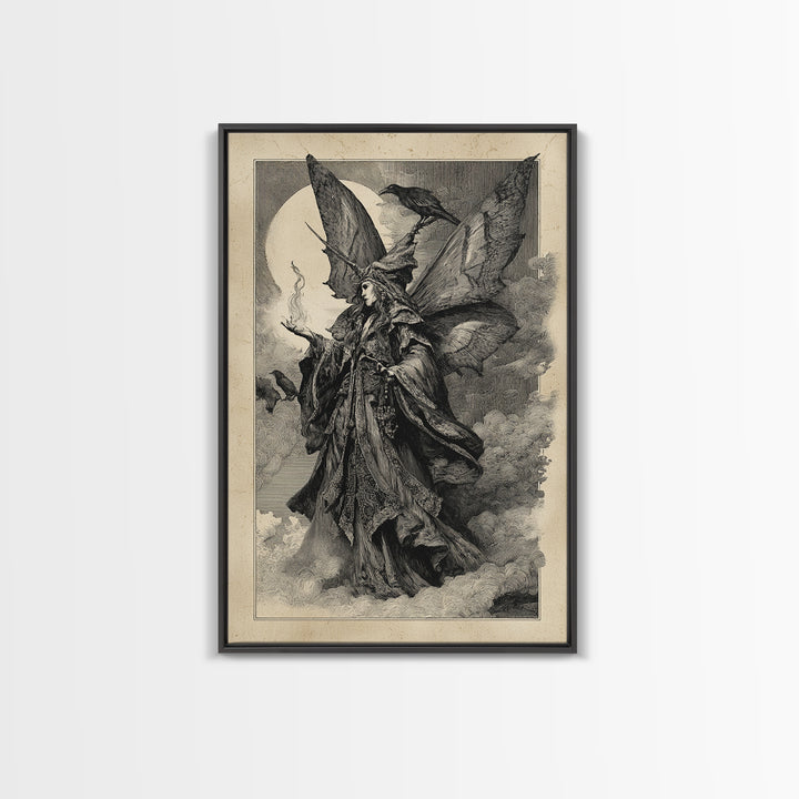 The Velvet Moth Witch, Renaissance Engraving Art, Vertical Wall Art, Gothic Horror Wall Art, Framed Canvas Print, Halloween Wall Art