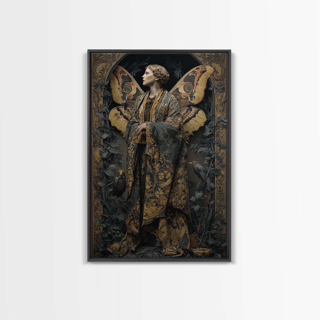 The Velvet Moth Witch, Ornate Symbolist Art, Vertical Wall Art, Gothic Horror Wall Art, Framed Canvas Print, Halloween Wall Art