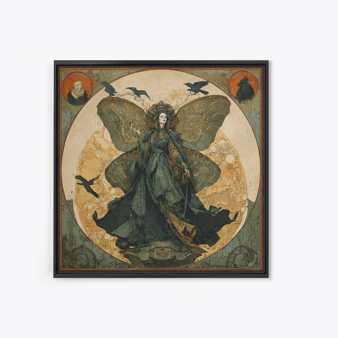 The Velvet Moth Witch, Symbolist Etching Art, Square Wall Art, Gothic Horror Wall Art, Canvas Print, Halloween Wall Art