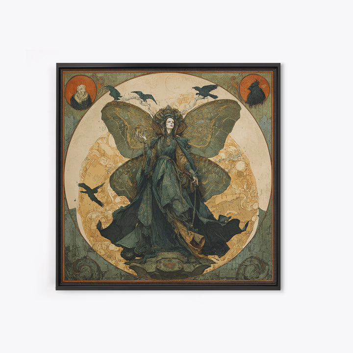 The Velvet Moth Witch, Symbolist Etching Art, Square Wall Art, Gothic Horror Wall Art, Canvas Print, Halloween Wall Art