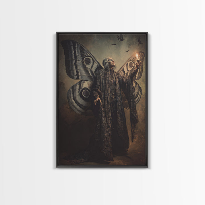 The Velvet Moth Witch, Expressionist Gothic Art, Vertical Wall Art, Dark Halloween Decor, Canvas Print, Halloween Wall Art