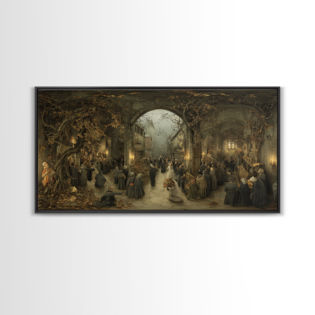 The Ghostly Groom, Northern Renaissance Horror, Wide Panoramic Art, Macabre Wall Art, Framed Canvas Print, Halloween Wall Art