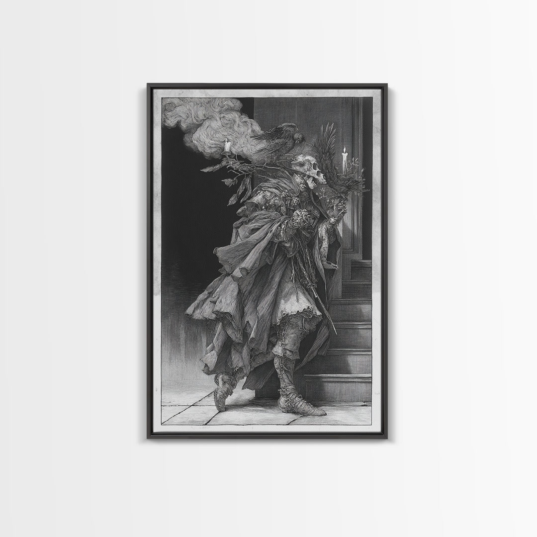 The Ghostly Groom, Renaissance Engraving Art, Vertical Wall Art, Dark Halloween Decor, Canvas Print, Halloween Wall Art