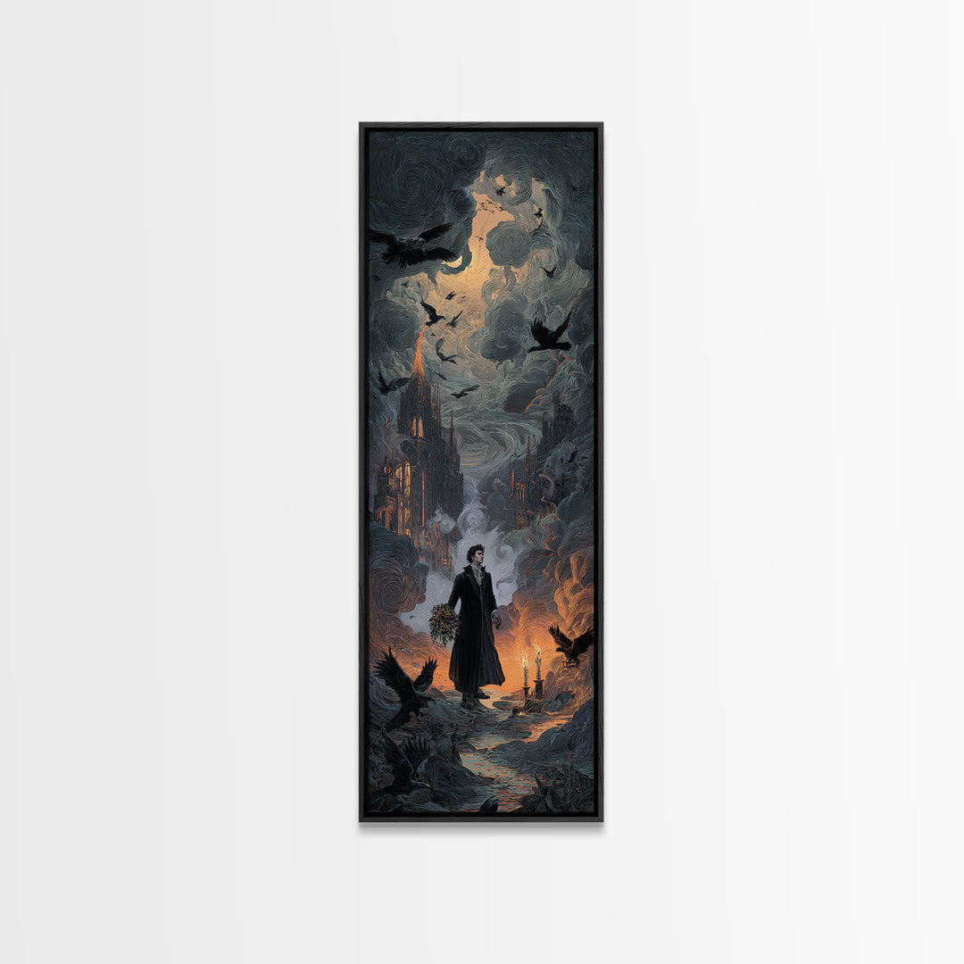 The Ghostly Groom, Apocalyptic Romantic Art, Tall Narrow Wall Art, Dark Halloween Decor, Framed Canvas Print, Halloween Wall Art