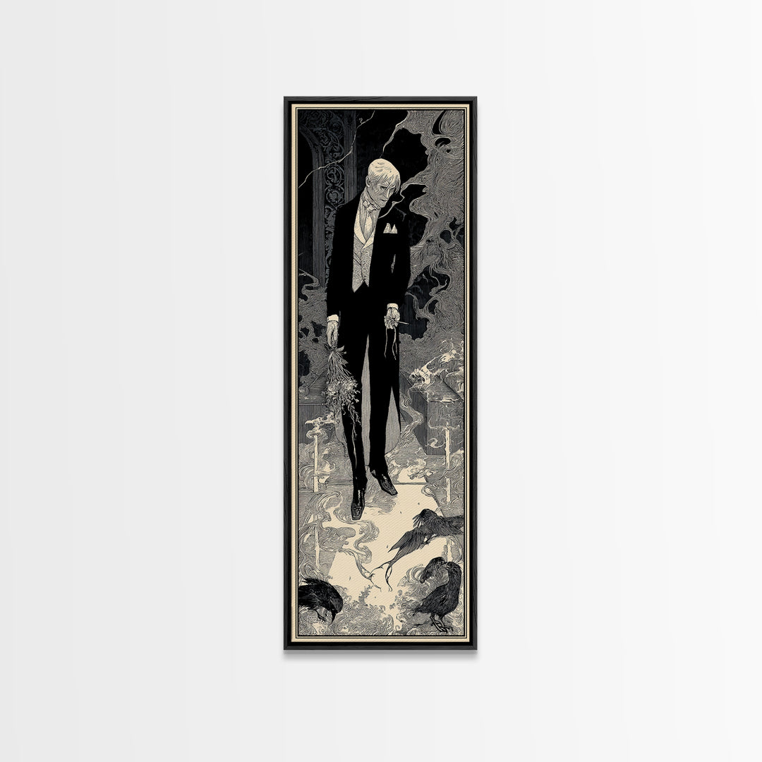 The Ghostly Groom, Decadent Line Art, Tall Narrow Wall Art, Dark Fantasy Wall Art, Framed Canvas Print, Halloween Wall Art