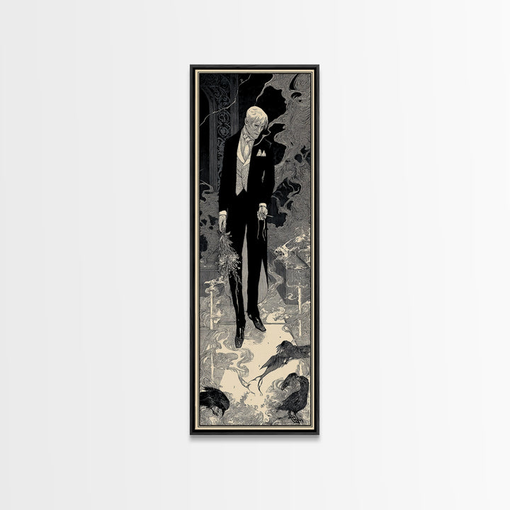 The Ghostly Groom, Decadent Line Art, Tall Narrow Wall Art, Dark Fantasy Wall Art, Framed Canvas Print, Halloween Wall Art